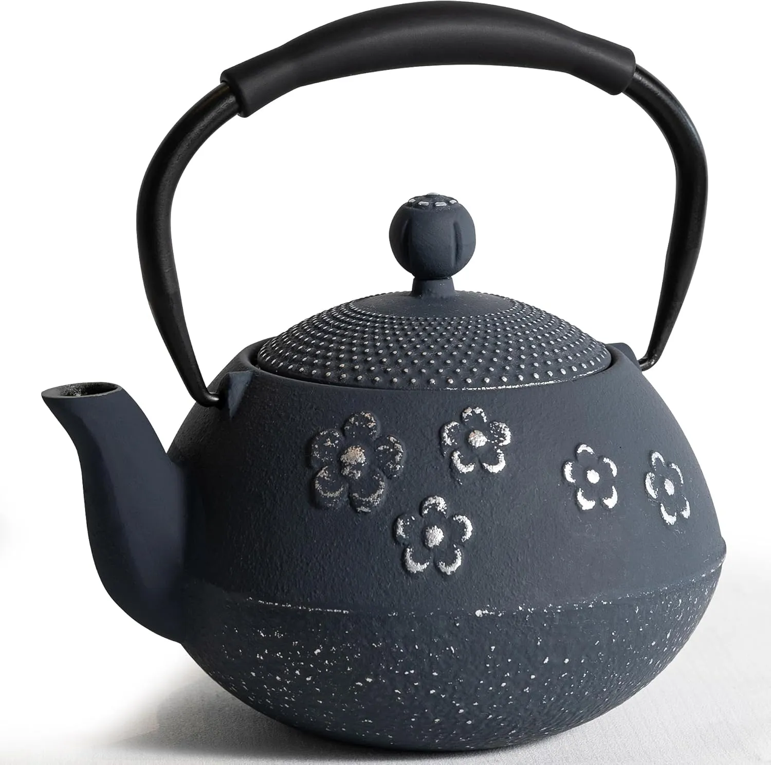 Cast iron Teapot, Tea Kettle for Stovetop Safe with Stainless Steel Infuser, Japanese Hand-made Plum Blossom Design Tea Pot Coated with Enameled Interior for 28oz, 800ml Black
