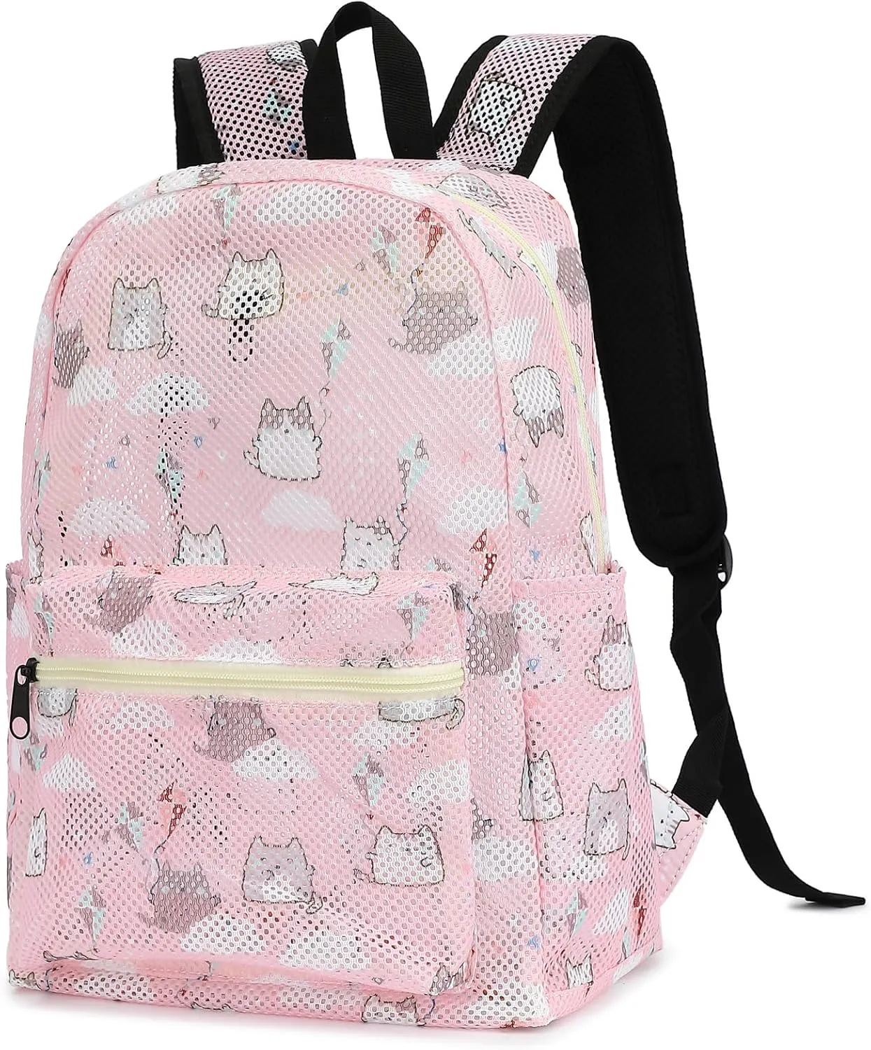 Cat Mesh Backpack for Girls Women, See Through Casual School College Student Bookbag (Pink)