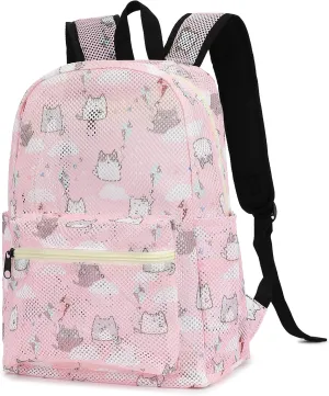 Cat Mesh Backpack for Girls Women, See Through Casual School College Student Bookbag (Pink)