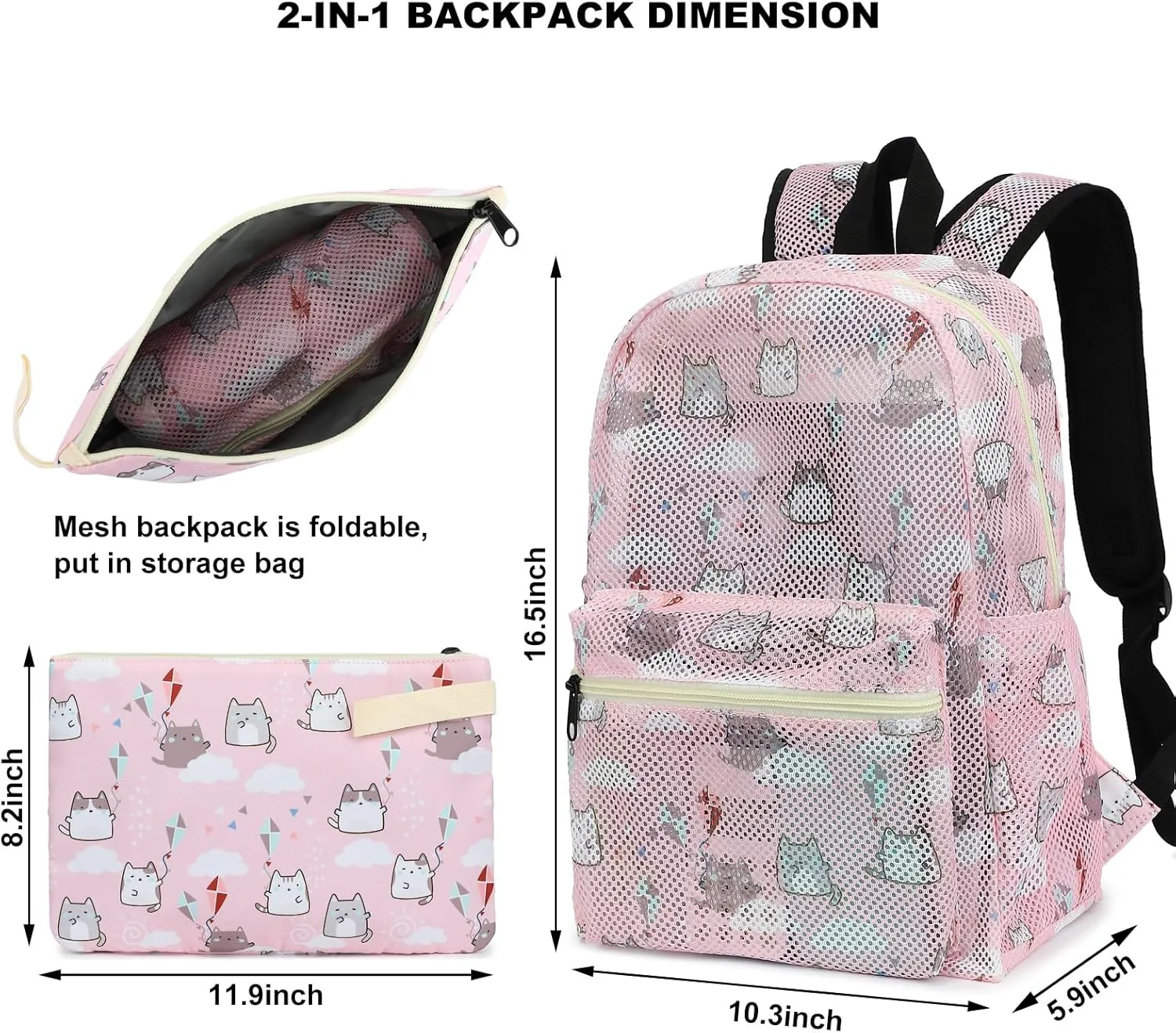 Cat Mesh Backpack for Girls Women, See Through Casual School College Student Bookbag (Pink)
