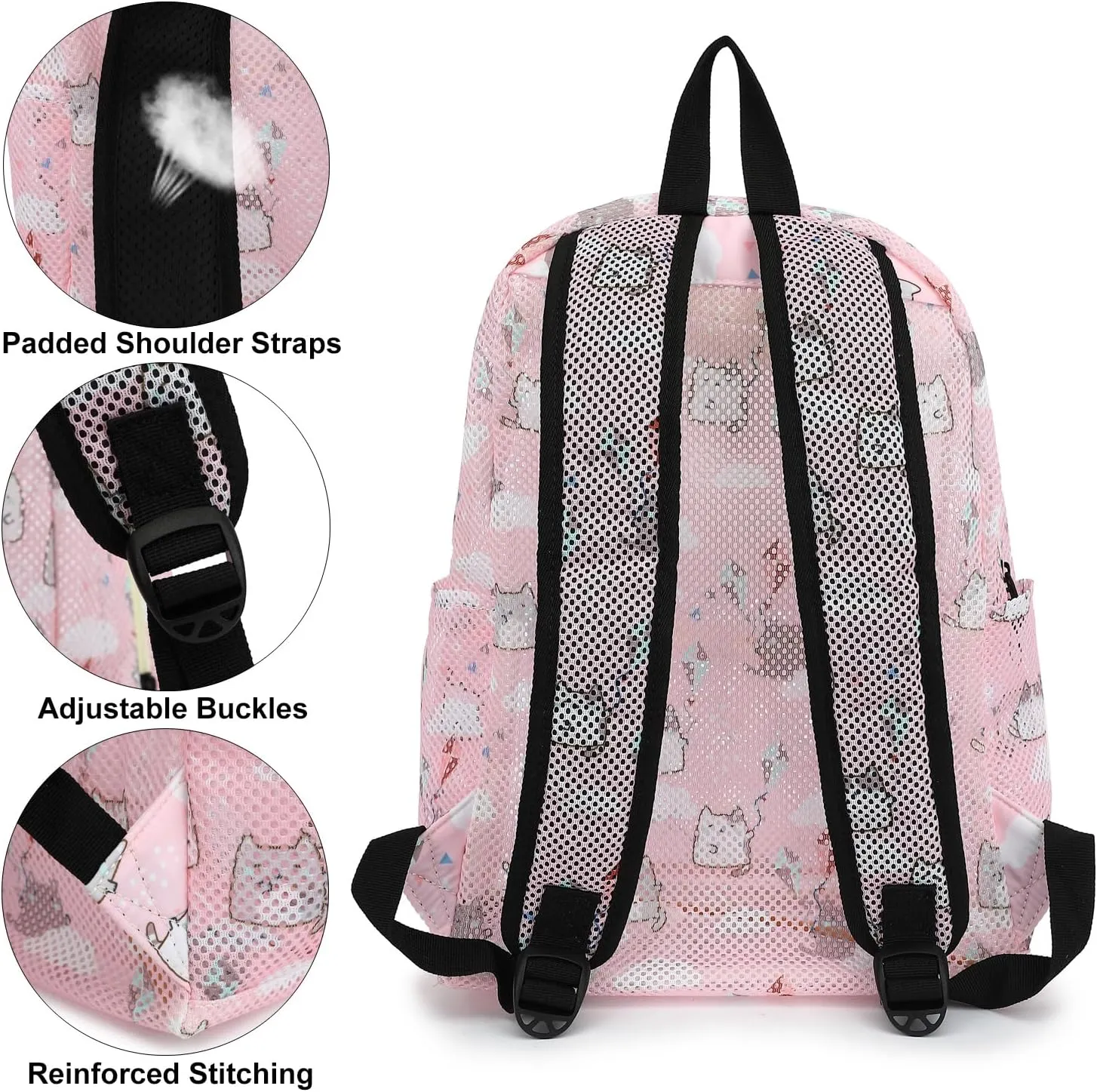 Cat Mesh Backpack for Girls Women, See Through Casual School College Student Bookbag (Pink)