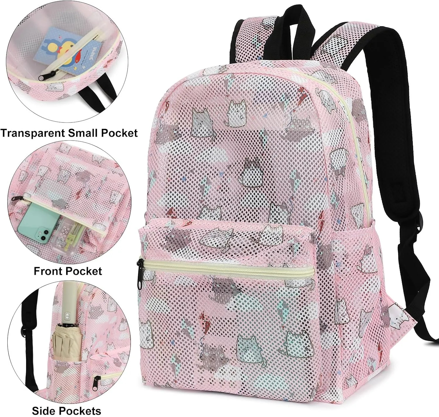 Cat Mesh Backpack for Girls Women, See Through Casual School College Student Bookbag (Pink)