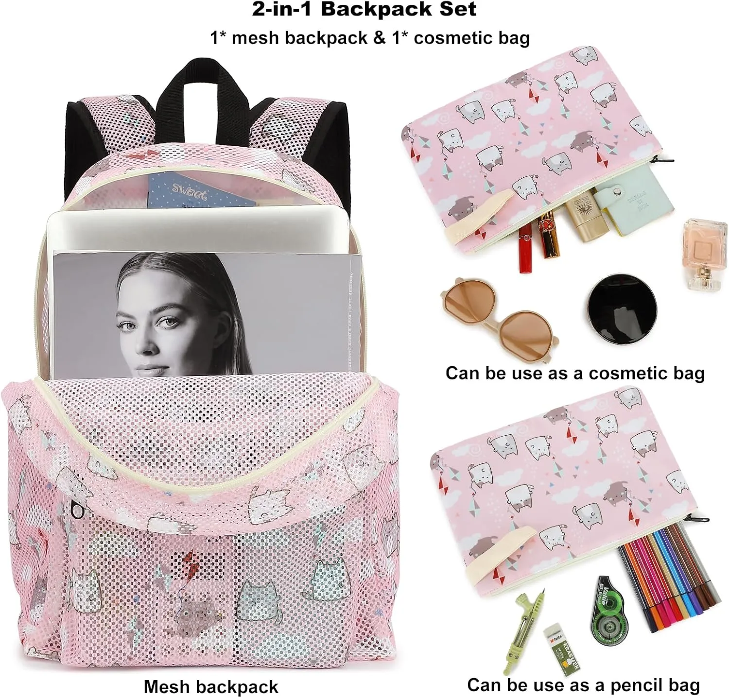 Cat Mesh Backpack for Girls Women, See Through Casual School College Student Bookbag (Pink)