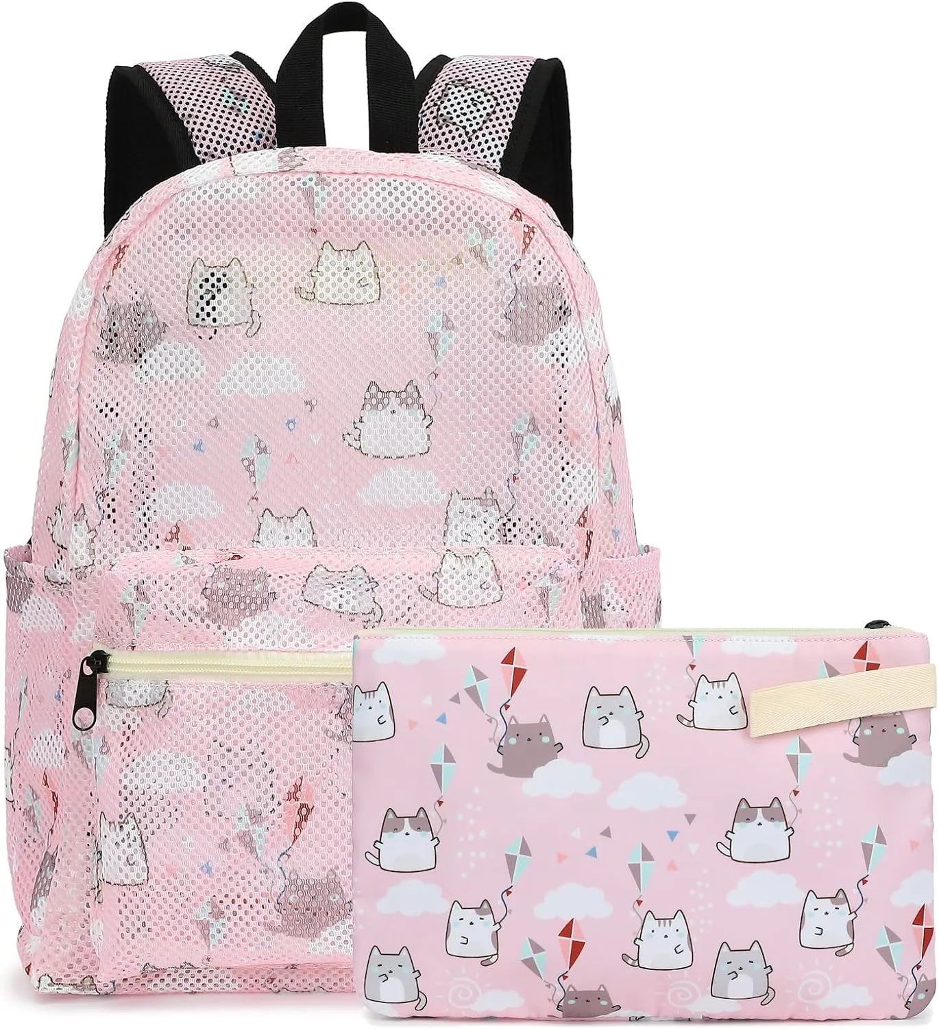Cat Mesh Backpack for Girls Women, See Through Casual School College Student Bookbag (Pink)