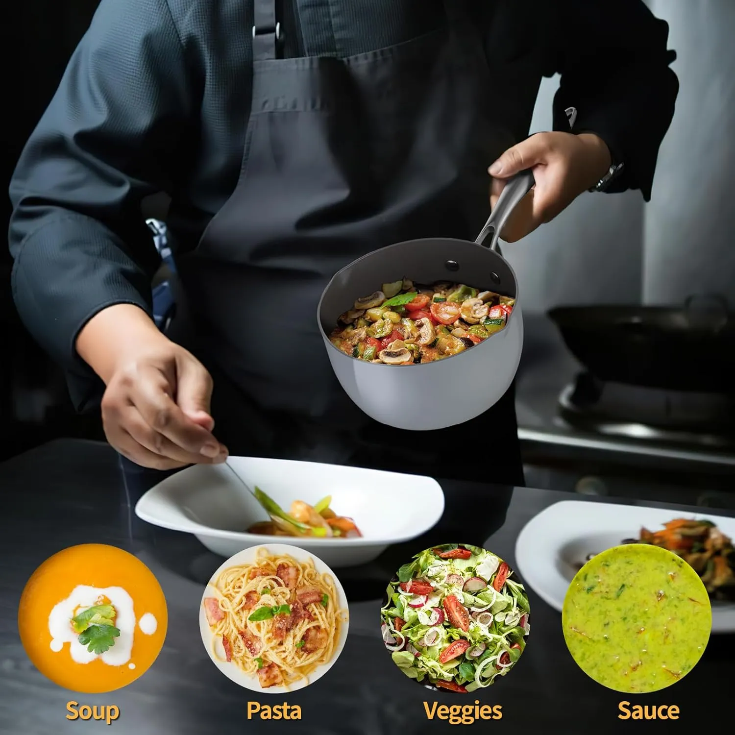 Ceramic Nonstick Tri-Ply Stainless Steel Sauce Pan with Steamer,2.5 Quart Small Multipurpose Pot with Pour Spout,Strainer Glass Lid, 2qt Saucepan for Cooking with Stay-cool Handle,Grey