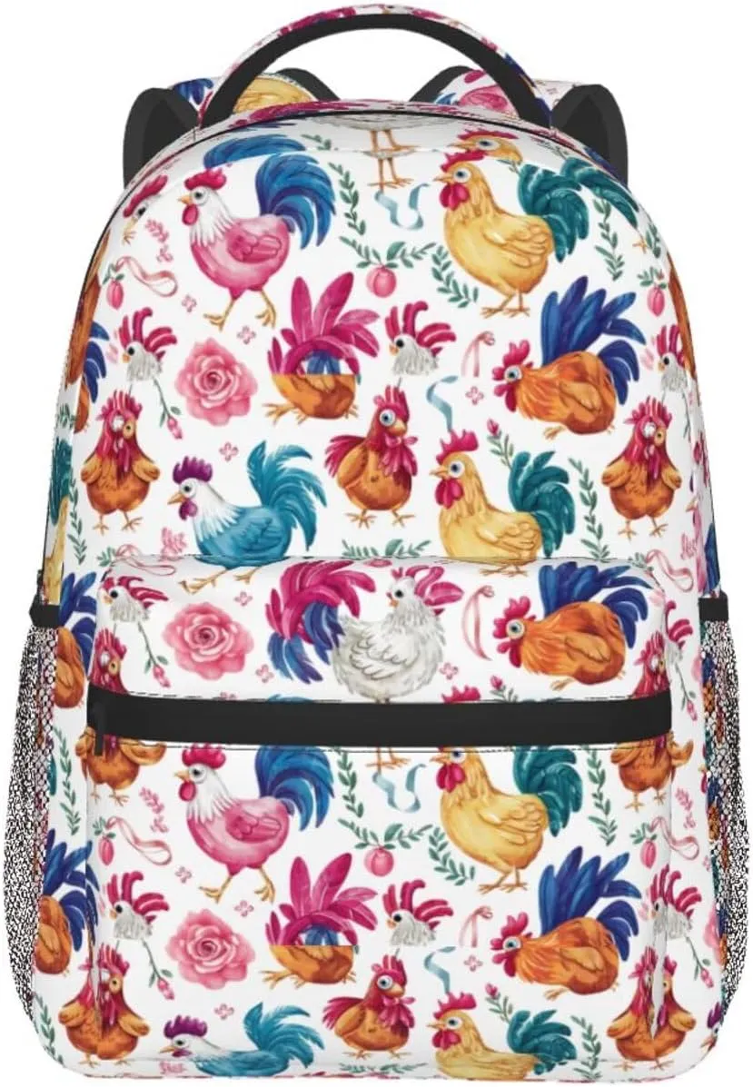 Chicken Flower Pattern Backpack Lightweight Laptop Backpack Casual Daypack Travel Double Shoulder Bag For Women Men