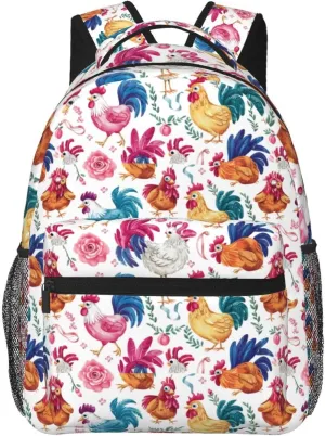 Chicken Flower Pattern Backpack Lightweight Laptop Backpack Casual Daypack Travel Double Shoulder Bag For Women Men