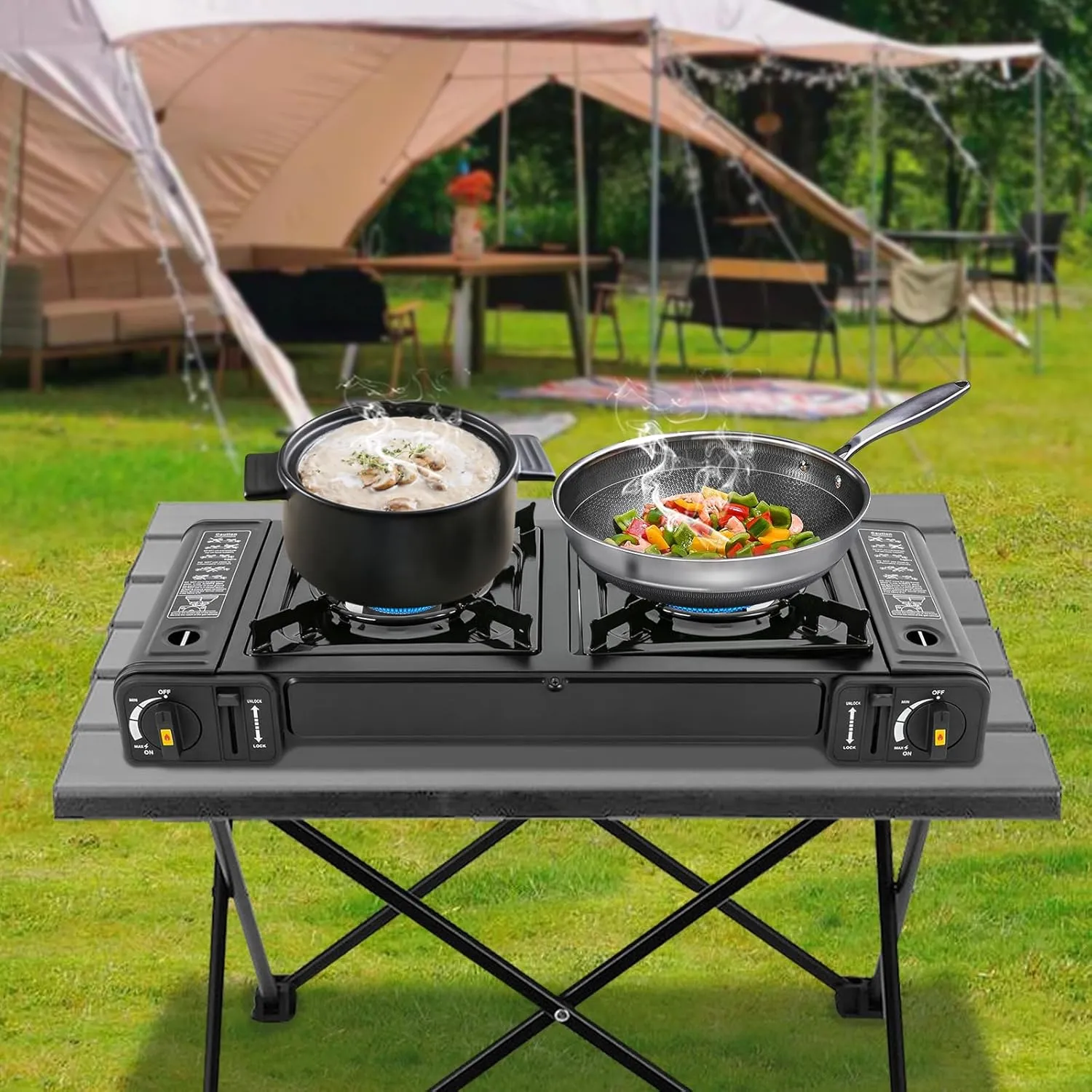 Chieacho Camping Stove, 2 Burner Butane Stove adopts closed-lid storage for Reliable Cooking, Camp Stove with arrying Case as Portable Gear, for Wilderness Camping Trips, Outdoor Adventurers