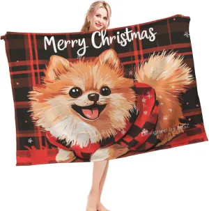 Christmas Blanket Merry Christmas Red and Black Pomeranian Throw Blanket, Fuzzy Fluffy Soft Cozy Flannel Blanket, for Couch Bed Sofa and Travel 50x60 Inch