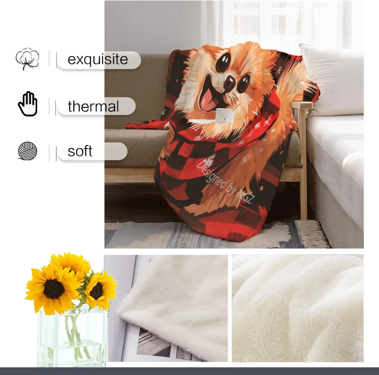 Christmas Blanket Merry Christmas Red and Black Pomeranian Throw Blanket, Fuzzy Fluffy Soft Cozy Flannel Blanket, for Couch Bed Sofa and Travel 50x60 Inch