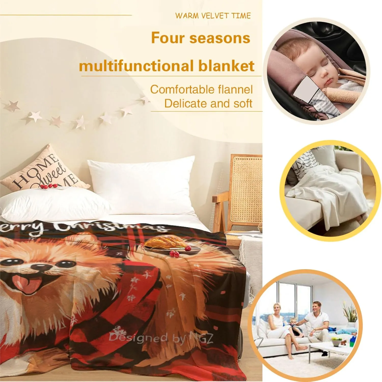 Christmas Blanket Merry Christmas Red and Black Pomeranian Throw Blanket, Fuzzy Fluffy Soft Cozy Flannel Blanket, for Couch Bed Sofa and Travel 50x60 Inch
