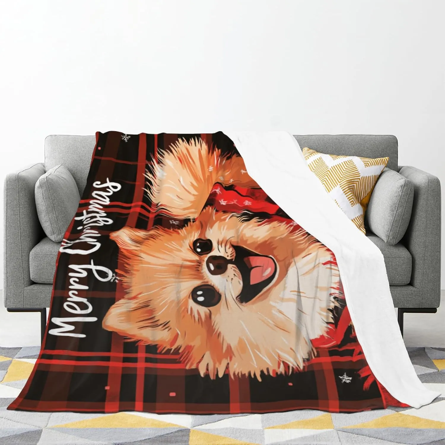 Christmas Blanket Merry Christmas Red and Black Pomeranian Throw Blanket, Fuzzy Fluffy Soft Cozy Flannel Blanket, for Couch Bed Sofa and Travel 50x60 Inch