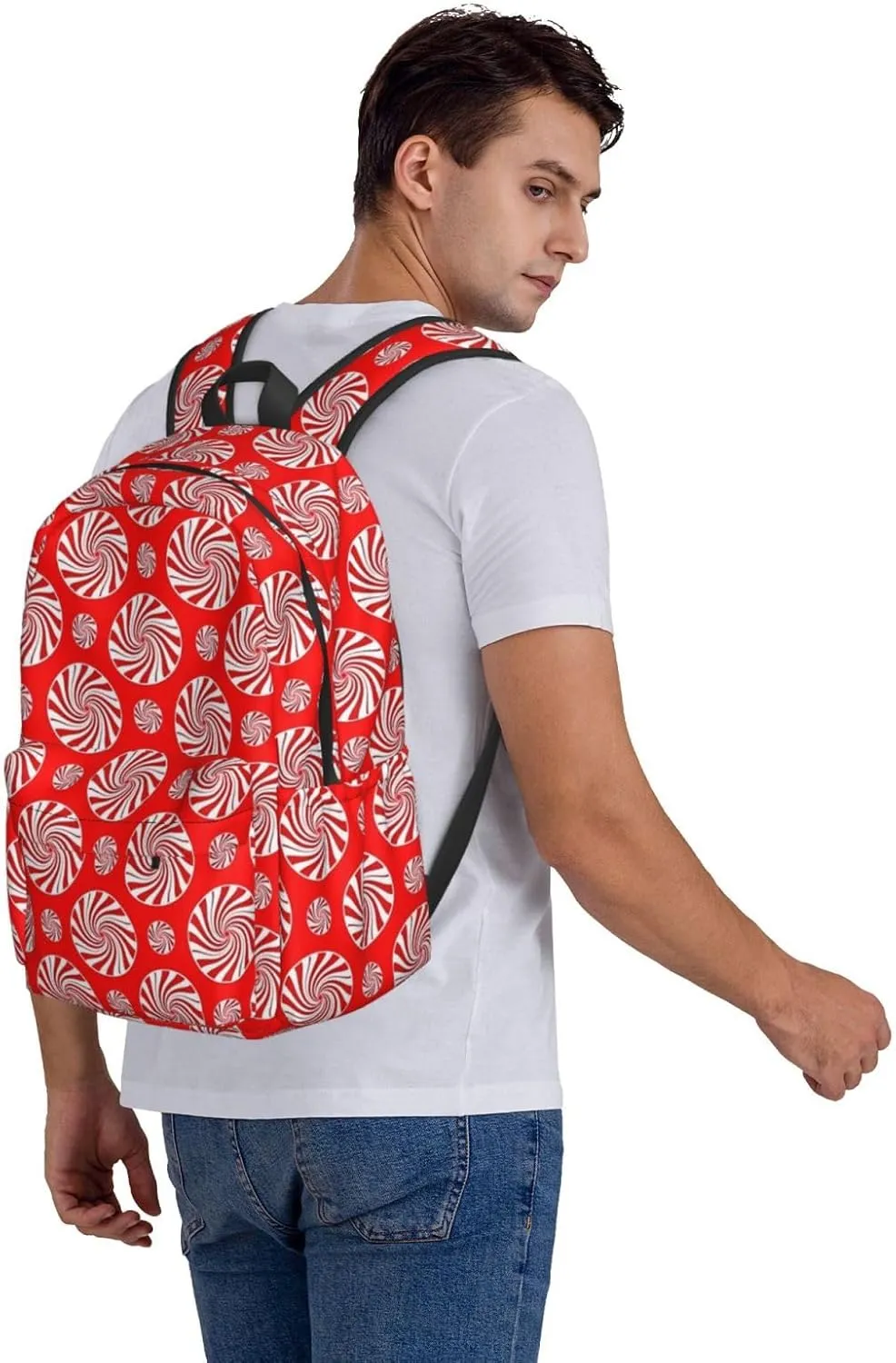 Christmas Candy Peppermints Red Backpack Casual Laptop Backpack Large Capacity Double Shoulder Bag Travel Daypack For Women Men