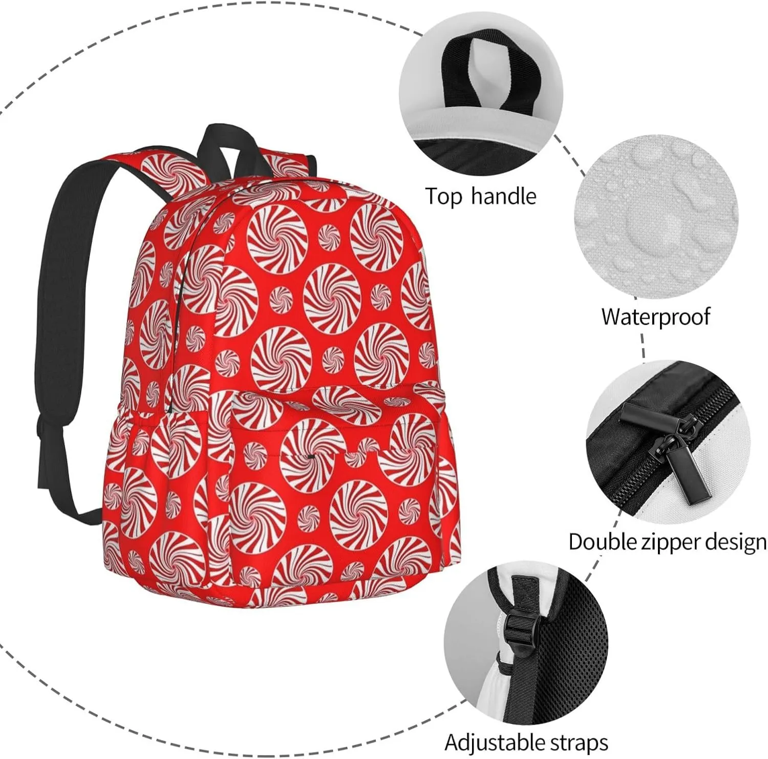 Christmas Candy Peppermints Red Backpack Casual Laptop Backpack Large Capacity Double Shoulder Bag Travel Daypack For Women Men