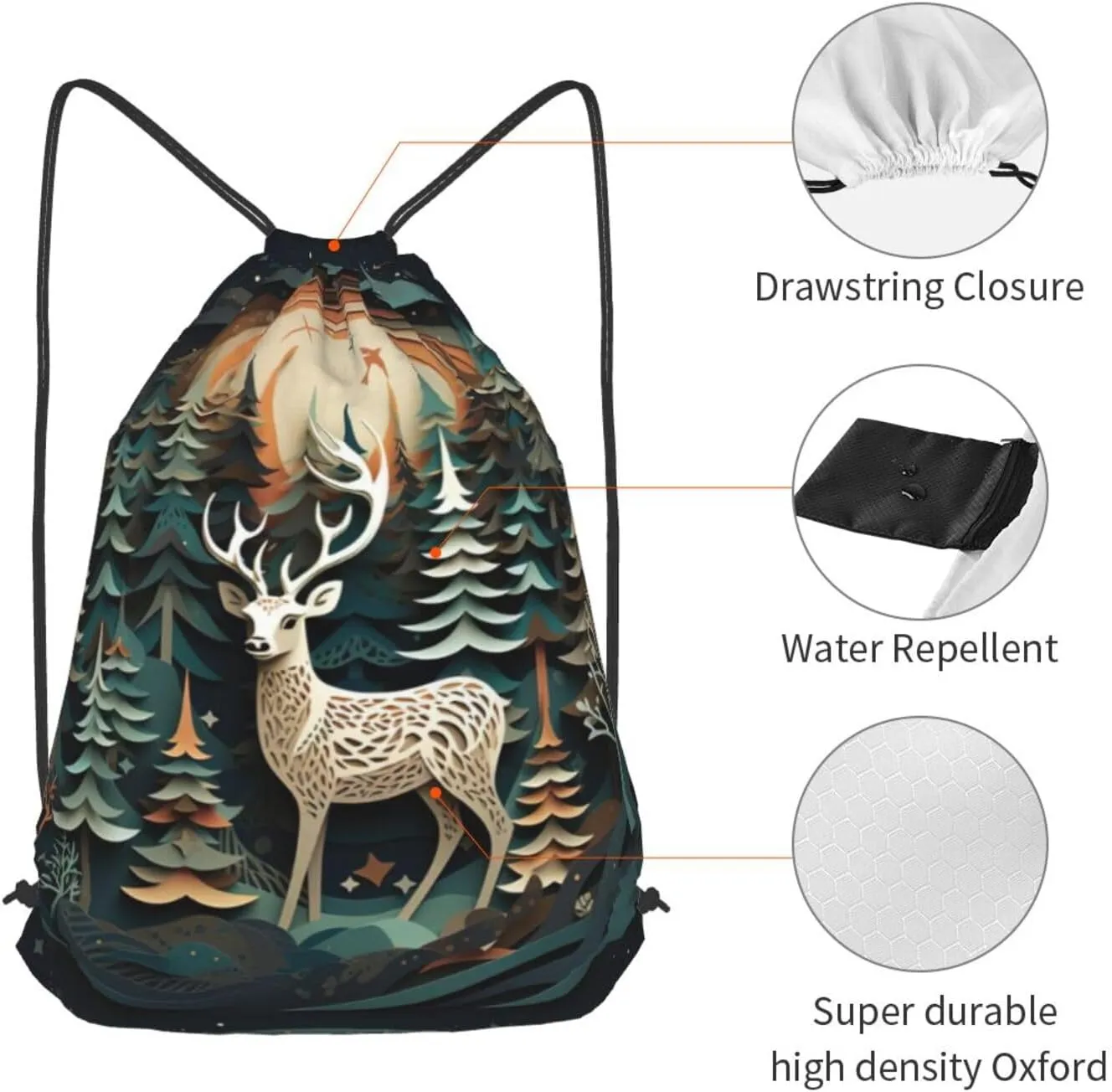 Christmas Deer Drawstring Cinch Backpack Polyester Sack Pack String Bag For Hiking Camping Adventure