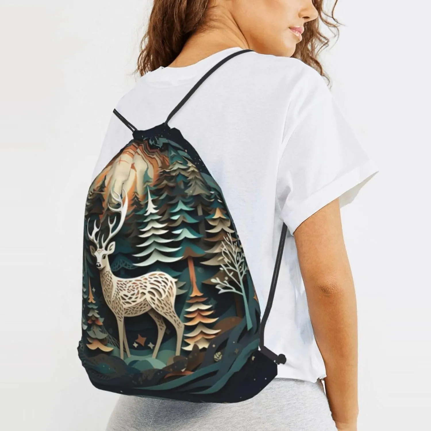 Christmas Deer Drawstring Cinch Backpack Polyester Sack Pack String Bag For Hiking Camping Adventure