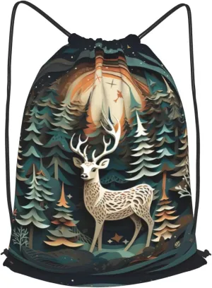 Christmas Deer Drawstring Cinch Backpack Polyester Sack Pack String Bag For Hiking Camping Adventure