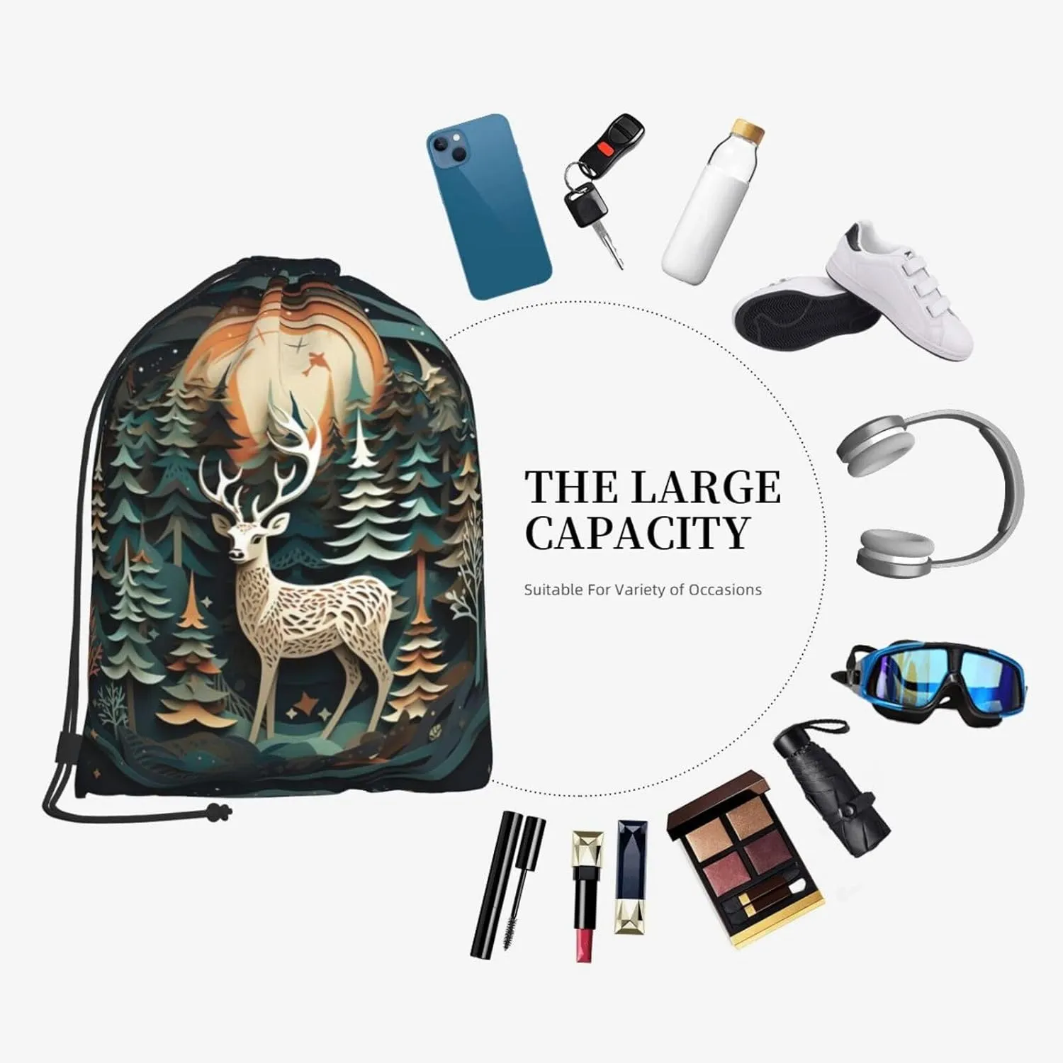 Christmas Deer Drawstring Cinch Backpack Polyester Sack Pack String Bag For Hiking Camping Adventure