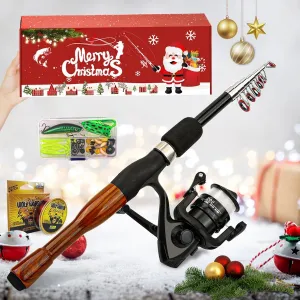 Christmas Fishing Rod with Stainless Steel Baitcasting, Carbon Fiber Fishing Rod Set for Men, Portable Fishing Pole Tools Combo for Travel Saltwater Freshwater Fishing