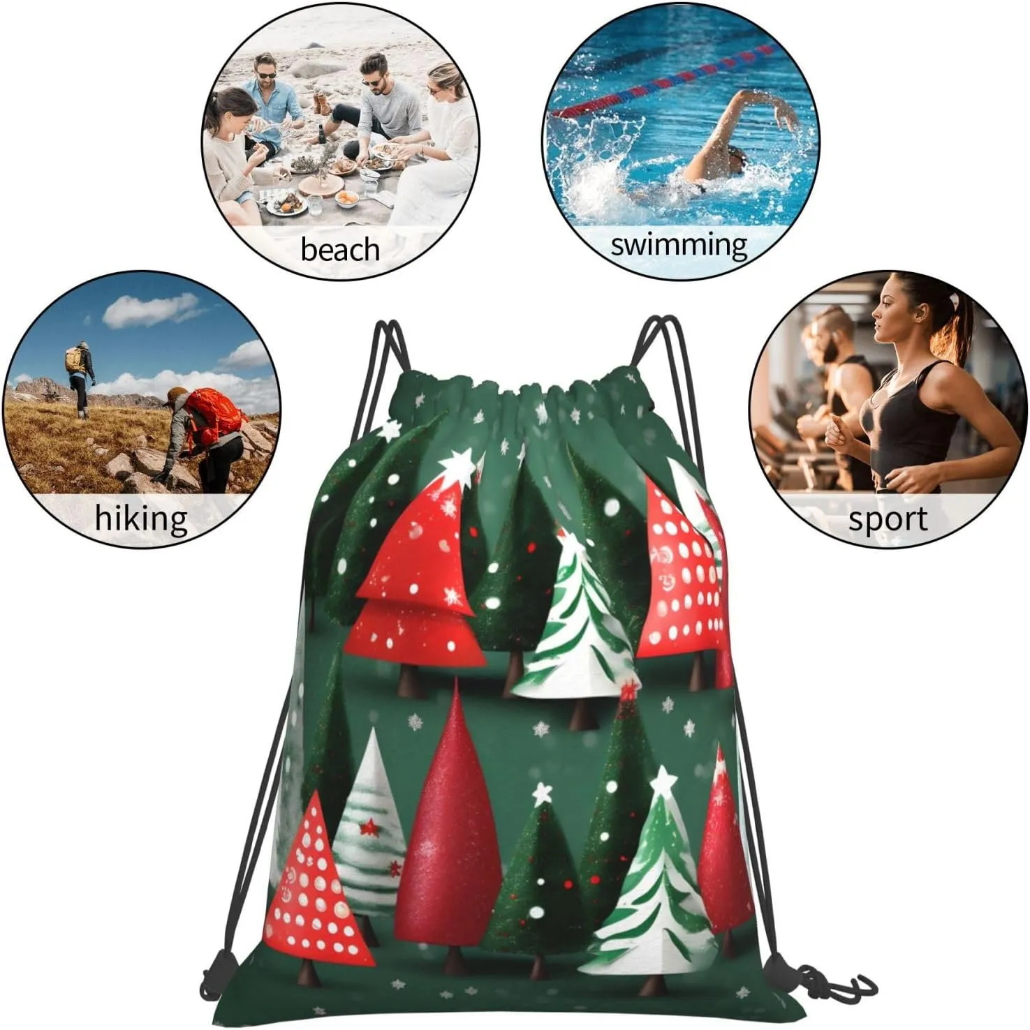 christmas treess Print Sports Drawstring Backpack,Water Resistant Bag, Gym Backpack for Women Men