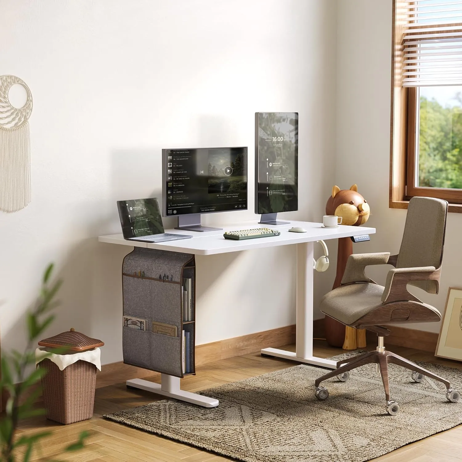 Claiks Electric Standing Desk Adjustable Height with Spacious Storage Bag, 48x24 Inch Stand Up Desk with Headphone Hook, Sit Stand Table for Home Office Computer Workstation, White