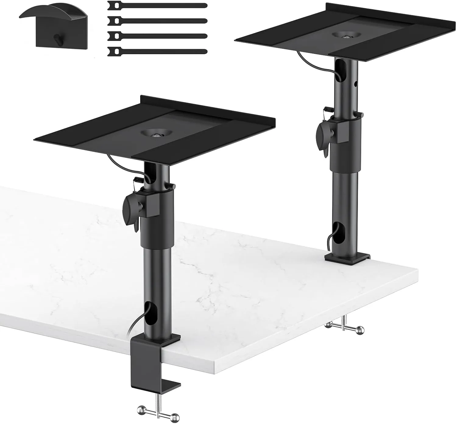 Clamp-on Desktop Speaker Stands Pair for LG, Sony, Vizio, Klipsch, Samsung, JBL Speaker Stand Desk - Adjustable Desk Speaker Stands for Most Satellite & Bookshelf Speaker Stands Wr Cable Management