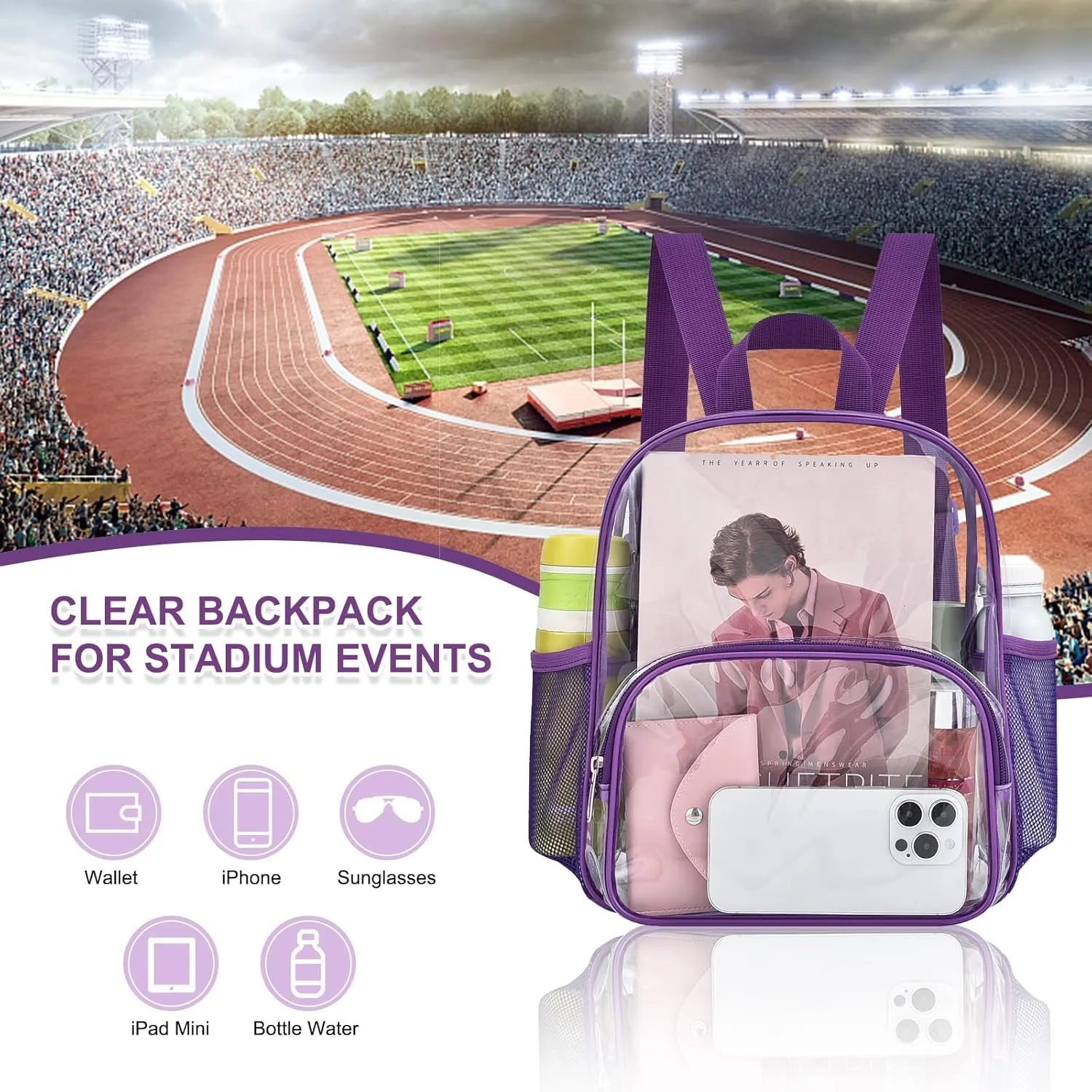 Clear Backpack for Stadium Events Clear Backpack 12x12x6 with Front Pocket for Concert Sport Events Work Travel (Purple)