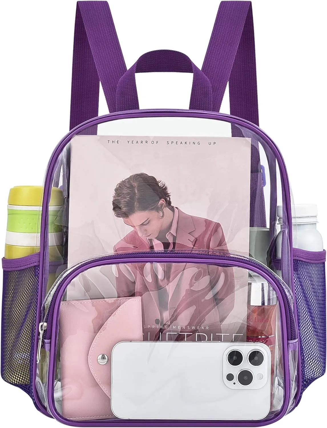 Clear Backpack for Stadium Events Clear Backpack 12x12x6 with Front Pocket for Concert Sport Events Work Travel (Purple)