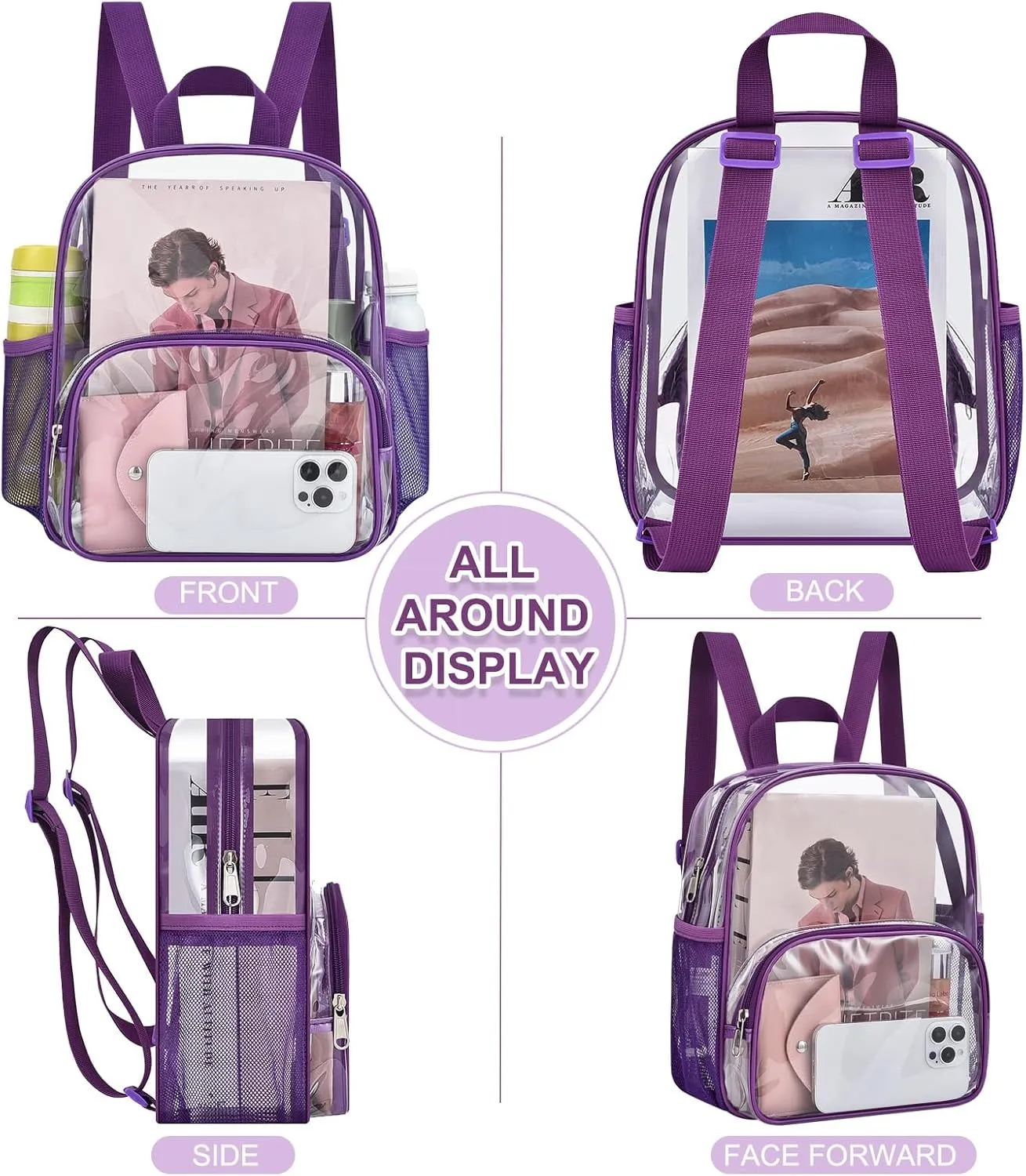 Clear Backpack for Stadium Events Clear Backpack 12x12x6 with Front Pocket for Concert Sport Events Work Travel (Purple)