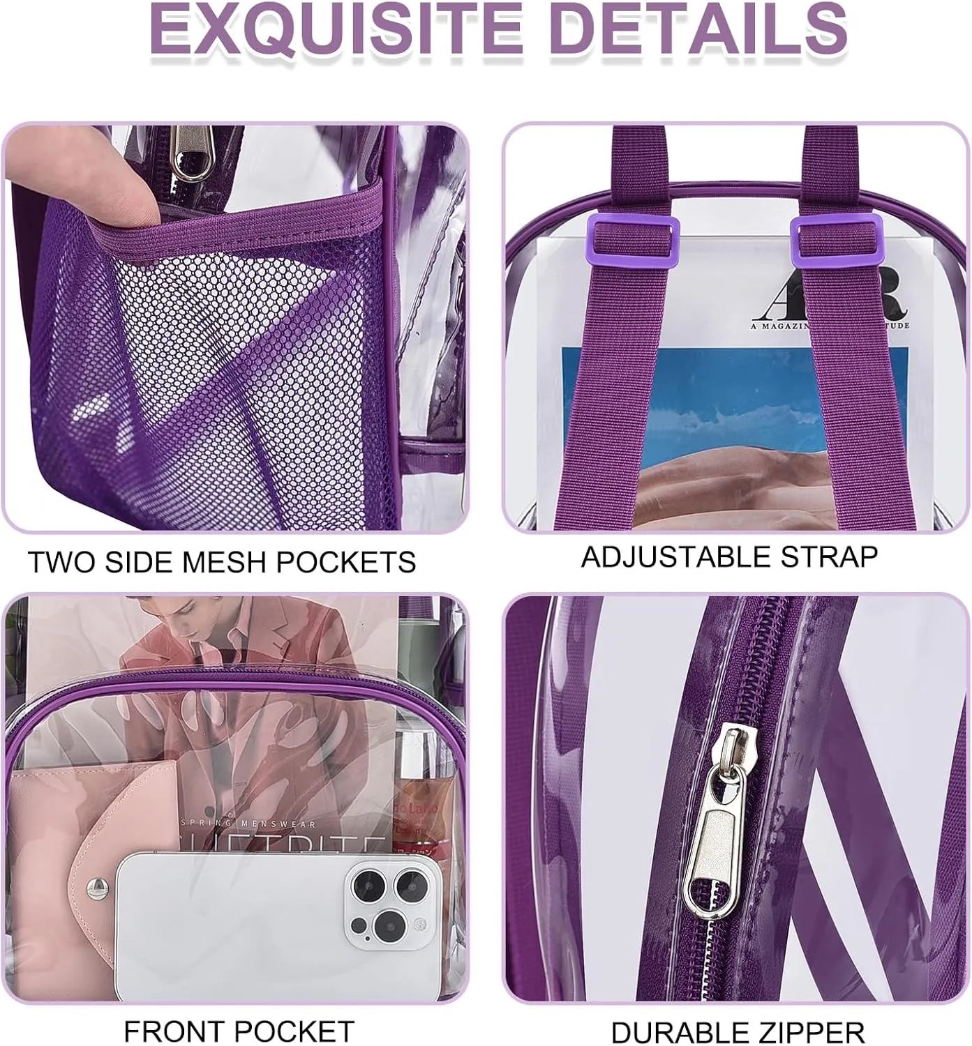 Clear Backpack for Stadium Events Clear Backpack 12x12x6 with Front Pocket for Concert Sport Events Work Travel (Purple)