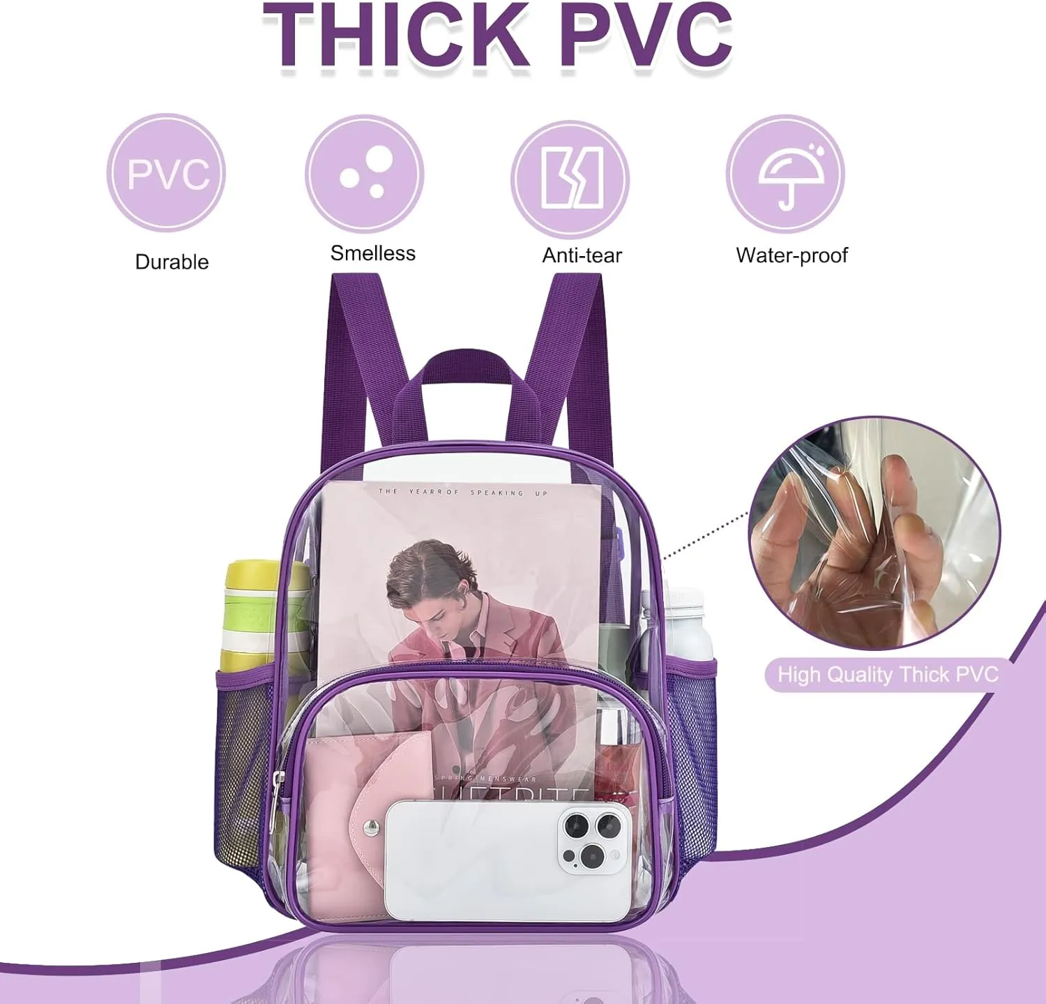 Clear Backpack for Stadium Events Clear Backpack 12x12x6 with Front Pocket for Concert Sport Events Work Travel (Purple)