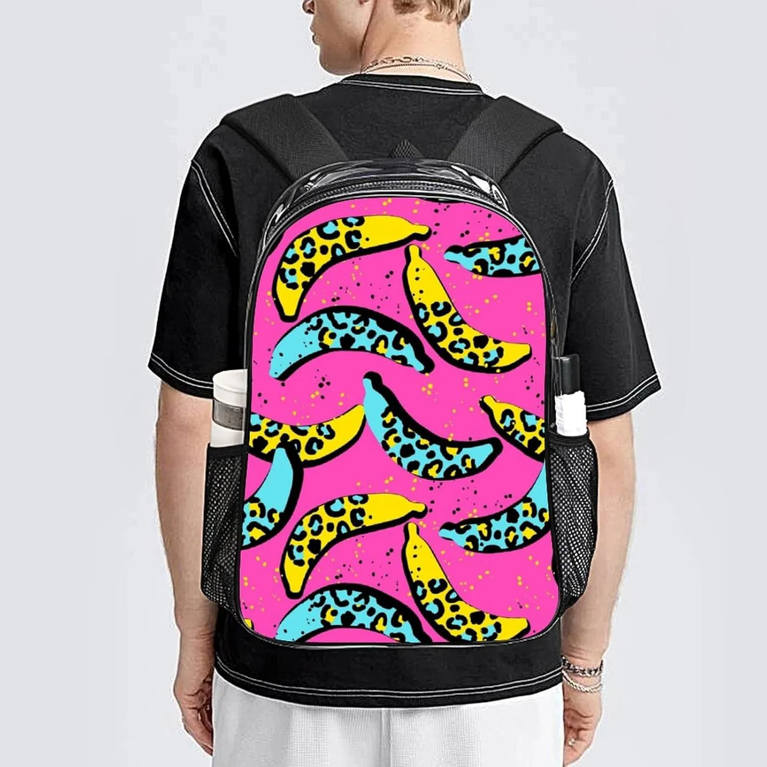 Clear Backpack Heavy Duty Tropics Funny Banana Pink 16 Inch for Stadium Events Concert Travel Work Sport Hiking Summer Waterproof Sturdy Transparent Bag for Men Women