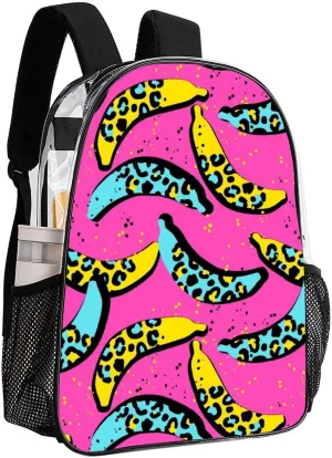 Clear Backpack Heavy Duty Tropics Funny Banana Pink 16 Inch for Stadium Events Concert Travel Work Sport Hiking Summer Waterproof Sturdy Transparent Bag for Men Women