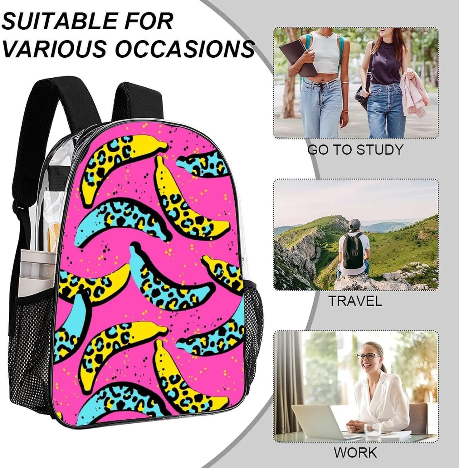 Clear Backpack Heavy Duty Tropics Funny Banana Pink 16 Inch for Stadium Events Concert Travel Work Sport Hiking Summer Waterproof Sturdy Transparent Bag for Men Women