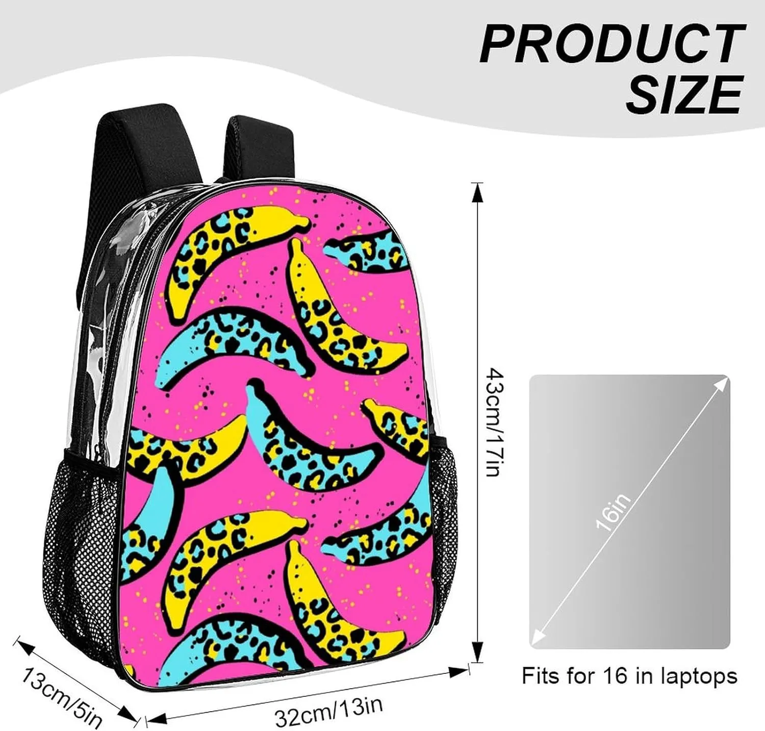 Clear Backpack Heavy Duty Tropics Funny Banana Pink 16 Inch for Stadium Events Concert Travel Work Sport Hiking Summer Waterproof Sturdy Transparent Bag for Men Women