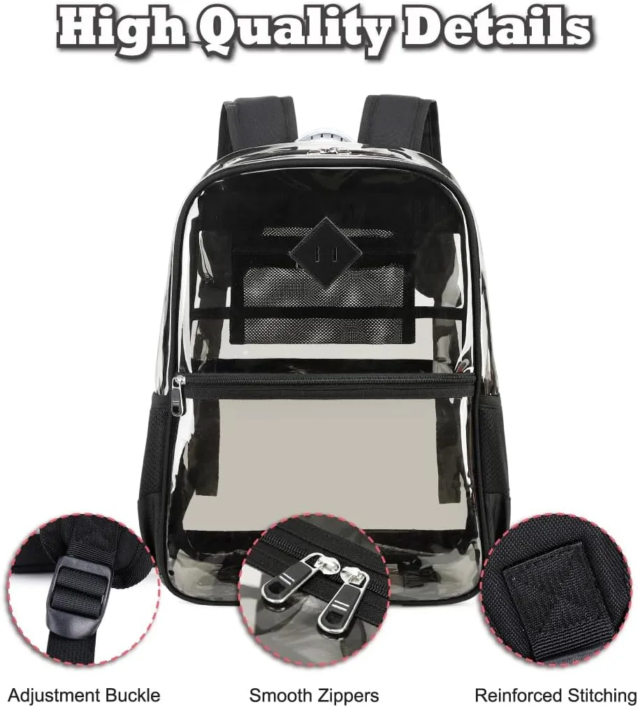 Clear PVC Waterproof Transparent Backpack, Heavy Duty See Through for Girls, Boys, Women, Men - Pure Black