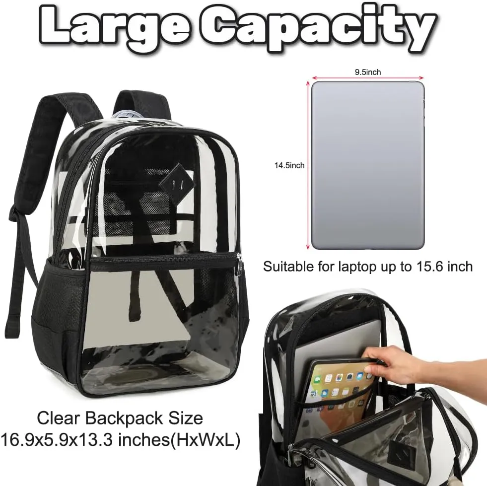 Clear PVC Waterproof Transparent Backpack, Heavy Duty See Through for Girls, Boys, Women, Men - Pure Black