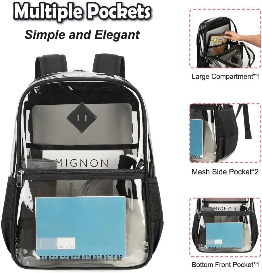 Clear PVC Waterproof Transparent Backpack, Heavy Duty See Through for Girls, Boys, Women, Men - Pure Black