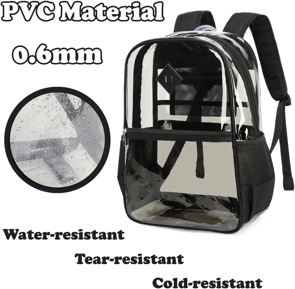 Clear PVC Waterproof Transparent Backpack, Heavy Duty See Through for Girls, Boys, Women, Men - Pure Black