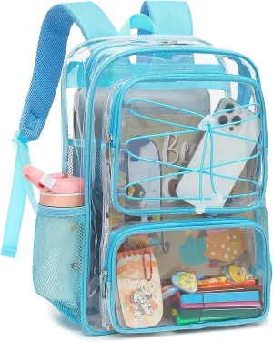 Clear School Backpack for Girls Women, Kids Teens Heavy Duty See Through College Bookbag Transparent School Bag (Sky Blue)