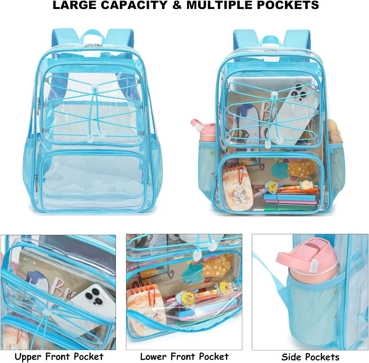 Clear School Backpack for Girls Women, Kids Teens Heavy Duty See Through College Bookbag Transparent School Bag (Sky Blue)