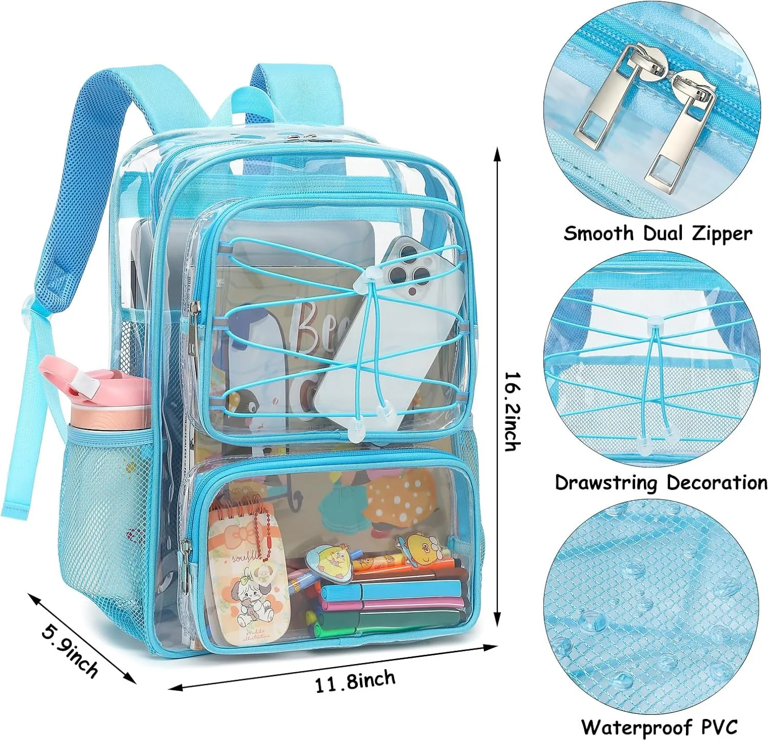 Clear School Backpack for Girls Women, Kids Teens Heavy Duty See Through College Bookbag Transparent School Bag (Sky Blue)