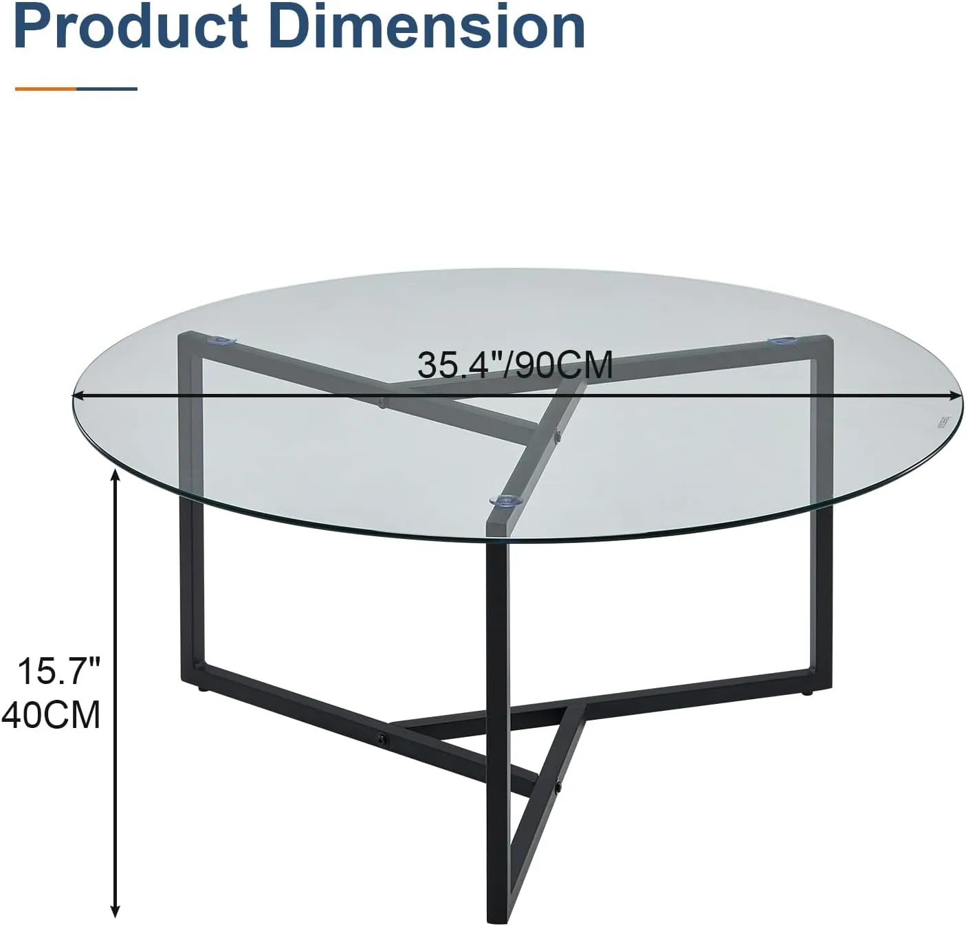 CLIPOP Circle Coffee Table with Tempered Glass Top, Stylish Round Glass Coffee Table with Adjustable Feet & Triangle Structure Metal Frame, Perfect for Living Room, Home Office(Clear Glass Top)