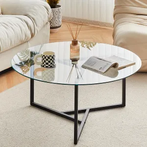 CLIPOP Circle Coffee Table with Tempered Glass Top, Stylish Round Glass Coffee Table with Adjustable Feet & Triangle Structure Metal Frame, Perfect for Living Room, Home Office(Clear Glass Top)