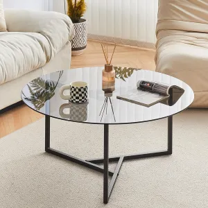 CLIPOP Circle Coffee Table with Tempered Glass Top, Stylish Round Glass Coffee Table with Adjustable Feet & Triangle Structure Metal Frame, Perfect for Living Room, Office, Apartment (Black Glass Top)