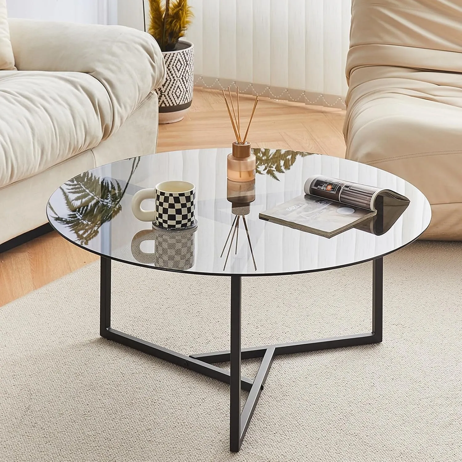 CLIPOP Circle Coffee Table with Tempered Glass Top, Stylish Round Glass Coffee Table with Adjustable Feet & Triangle Structure Metal Frame, Perfect for Living Room, Office, Apartment (Black Glass Top)