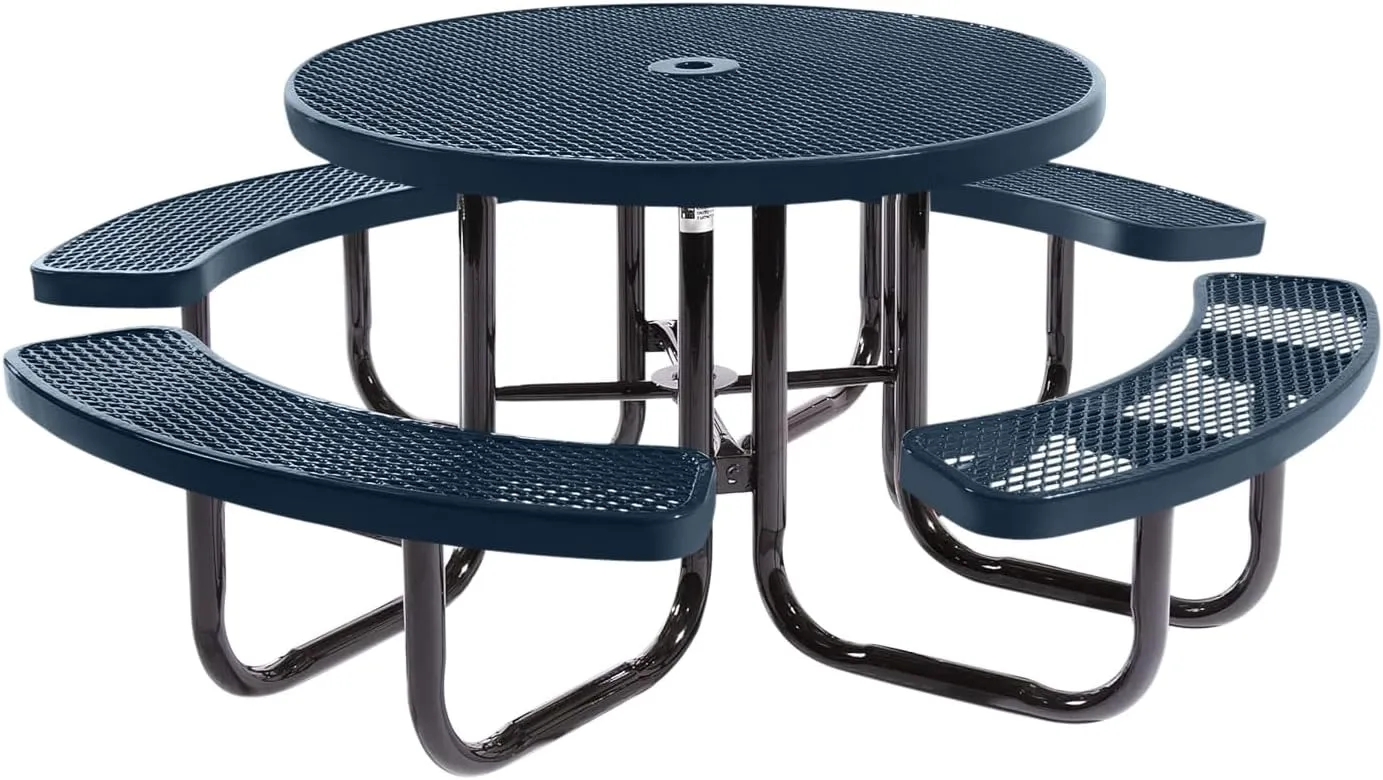 Coated Outdoor Furniture Heavy-Duty Portable Outdoor Picnic Table with Umbrella Hole, Expanded Metal Commercial-Grade Patio Dining Furniture Made in America (46" Round Top, Dark Blue)
