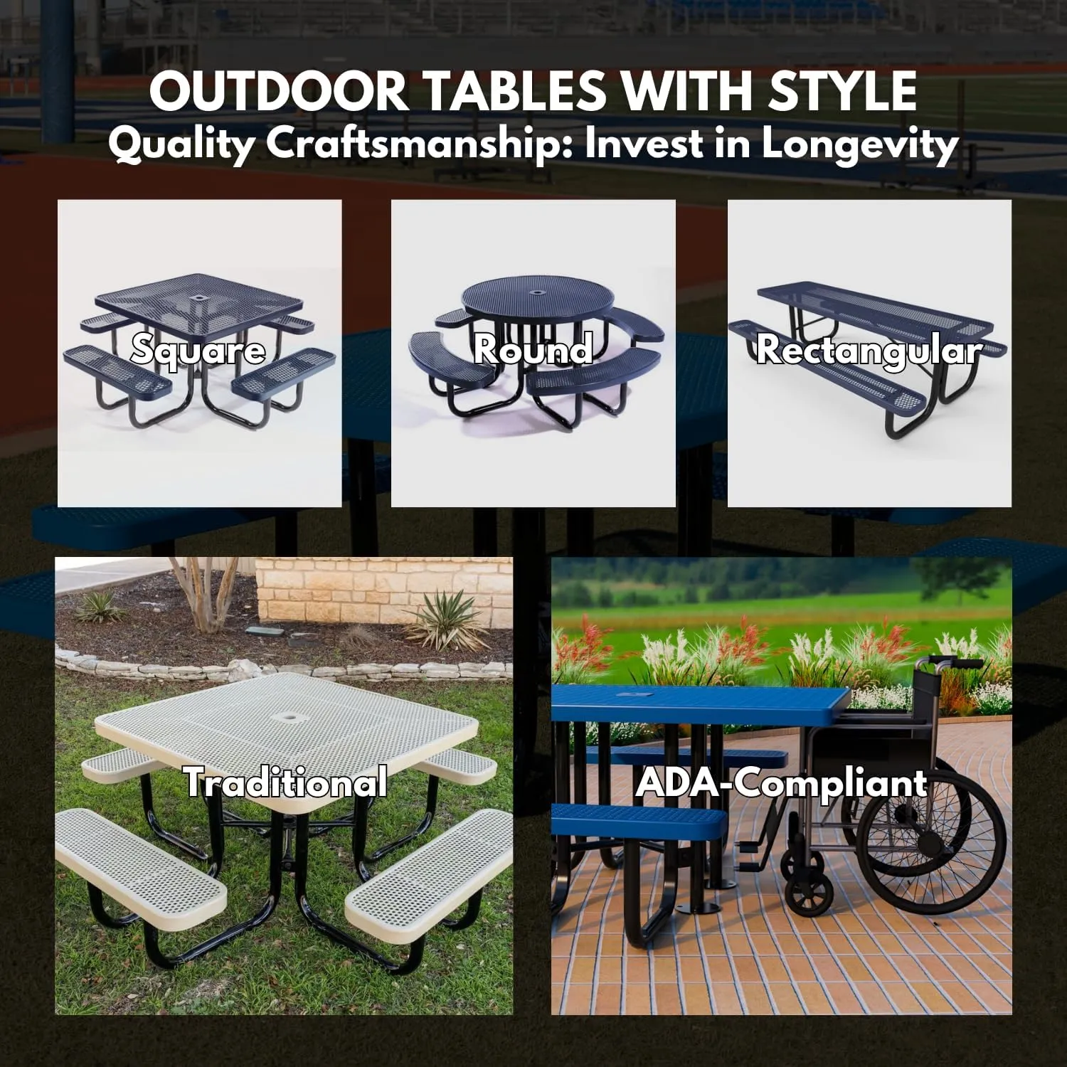 Coated Outdoor Furniture Heavy-Duty Portable Outdoor Picnic Table with Umbrella Hole, Expanded Metal Commercial-Grade Patio Dining Furniture Made in America (46" Round Top, Dark Blue)