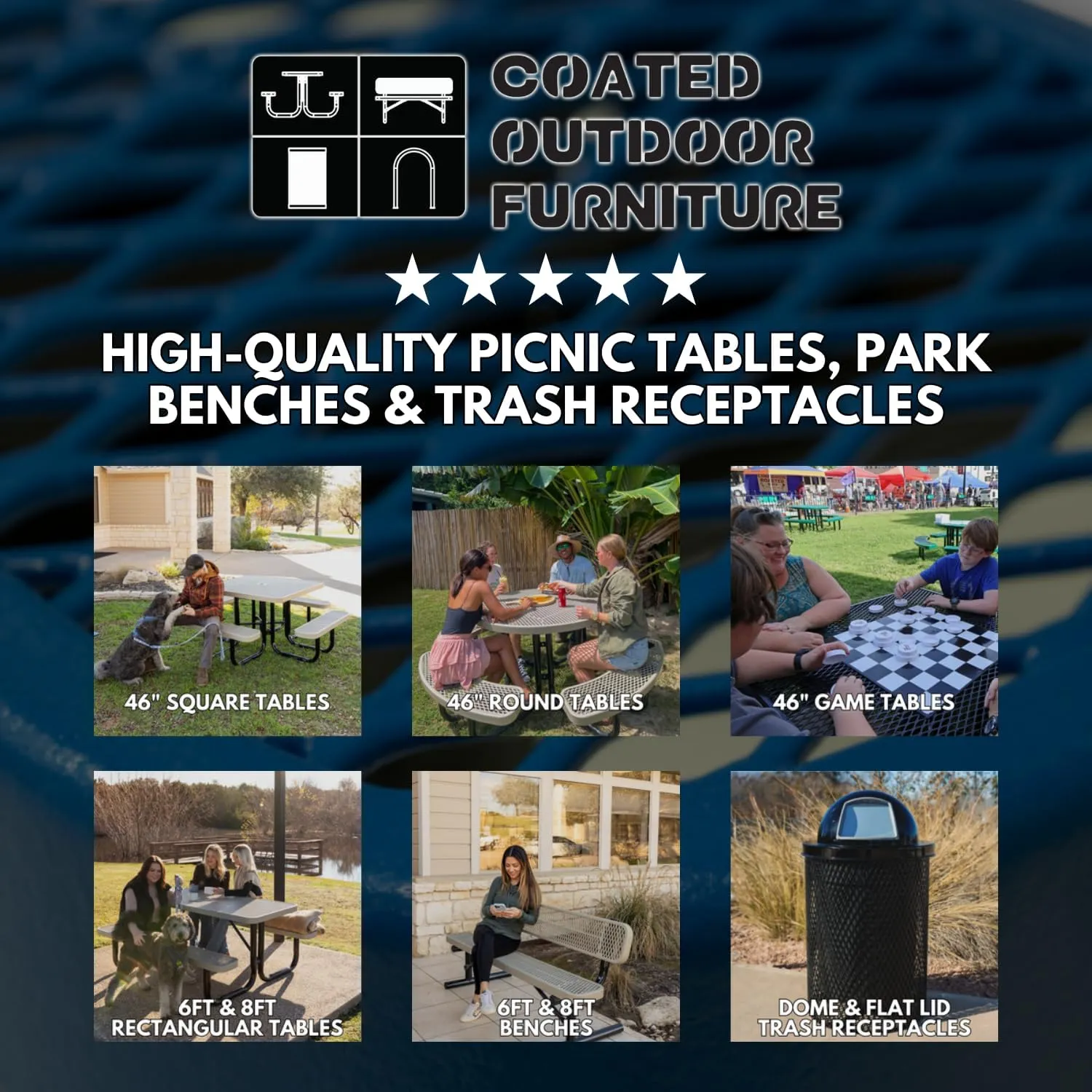 Coated Outdoor Furniture Heavy-Duty Portable Outdoor Picnic Table with Umbrella Hole, Expanded Metal Commercial-Grade Patio Dining Furniture Made in America (46" Round Top, Dark Blue)
