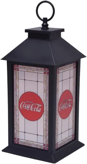 Coca Cola Vintage Logo Flameless Pre Lit LED Stained Glass Style Lantern, Black, 13 Inch